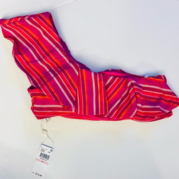 TRINA TURK Marai Ruffle Top & Hipster Bottom Bikini Set / Pink Stripe, Size 10 - Picture 3 of 13